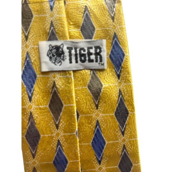 Vintage Tiger Geometric Silk Tie With Yellow Blue & Gray Diamond Pattern 11a - Picture 3 of 3